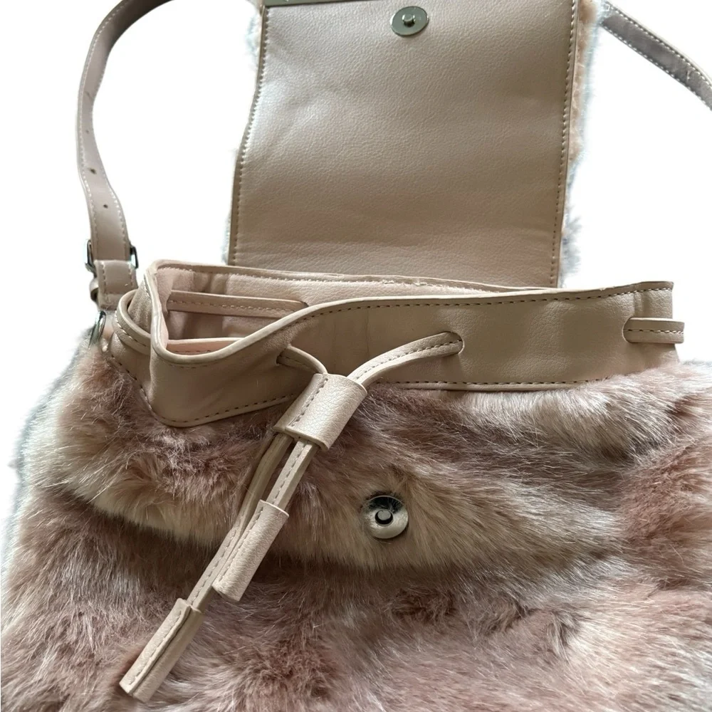 Zara Pink Faux Fur Fuzzy Pink Back Pack Faux Leather Pockets Wristlet NEW